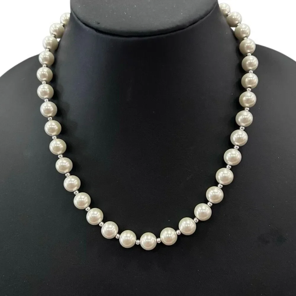 Stunning Faux Pearl Necklace Silver Tone Spacer Beads Lovely Luster New Clasp
